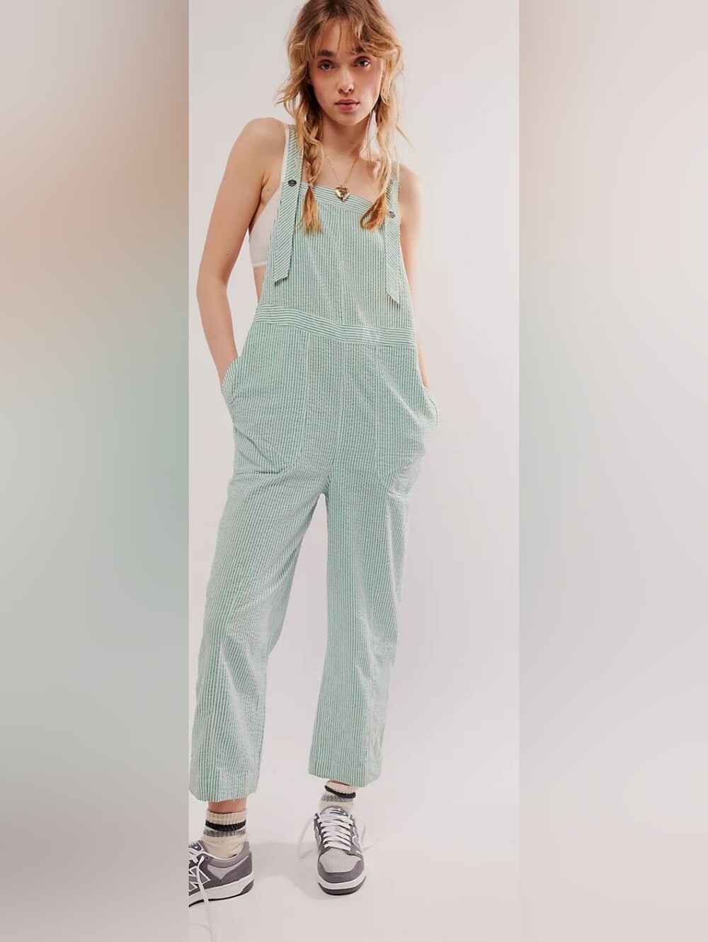 Free People Intown Overalls in a Green Railroad Stripe Pattern, Size Small, NWT